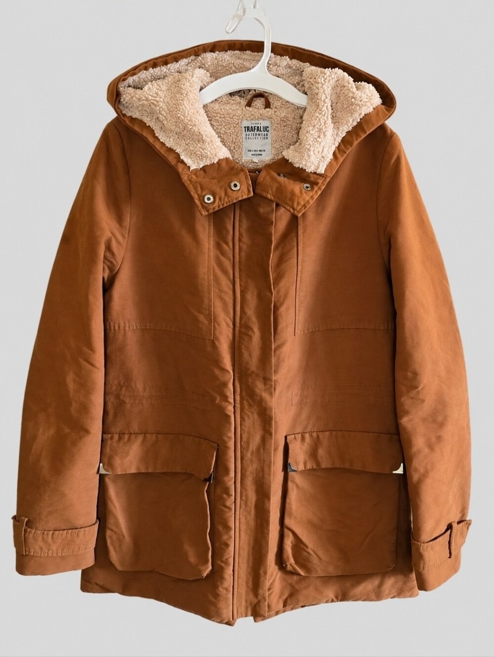 Vintage Zara Trafaluc Parka Women's Small Brown Sherpa Lined Hooded Utility Coat